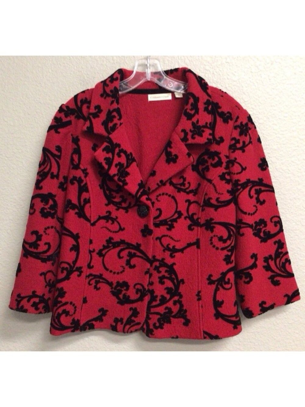 Coldwater Creek Boiled 100% Wool Blazer Jacket Red Black 3/4 Sleeve Size Medium